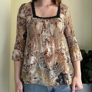 Y2k plisse boho brown and cream 3/4 sleeve square neck blouse size medium